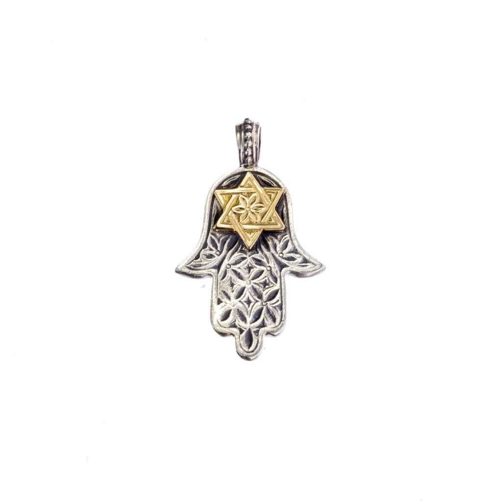 Hamsa Fatima Hand Amulet Pendant Silver and 18k Gold