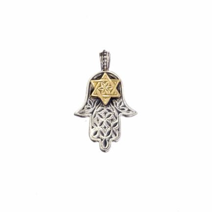 Hamsa Fatima Hand Amulet Pendant Silver and 18k Gold