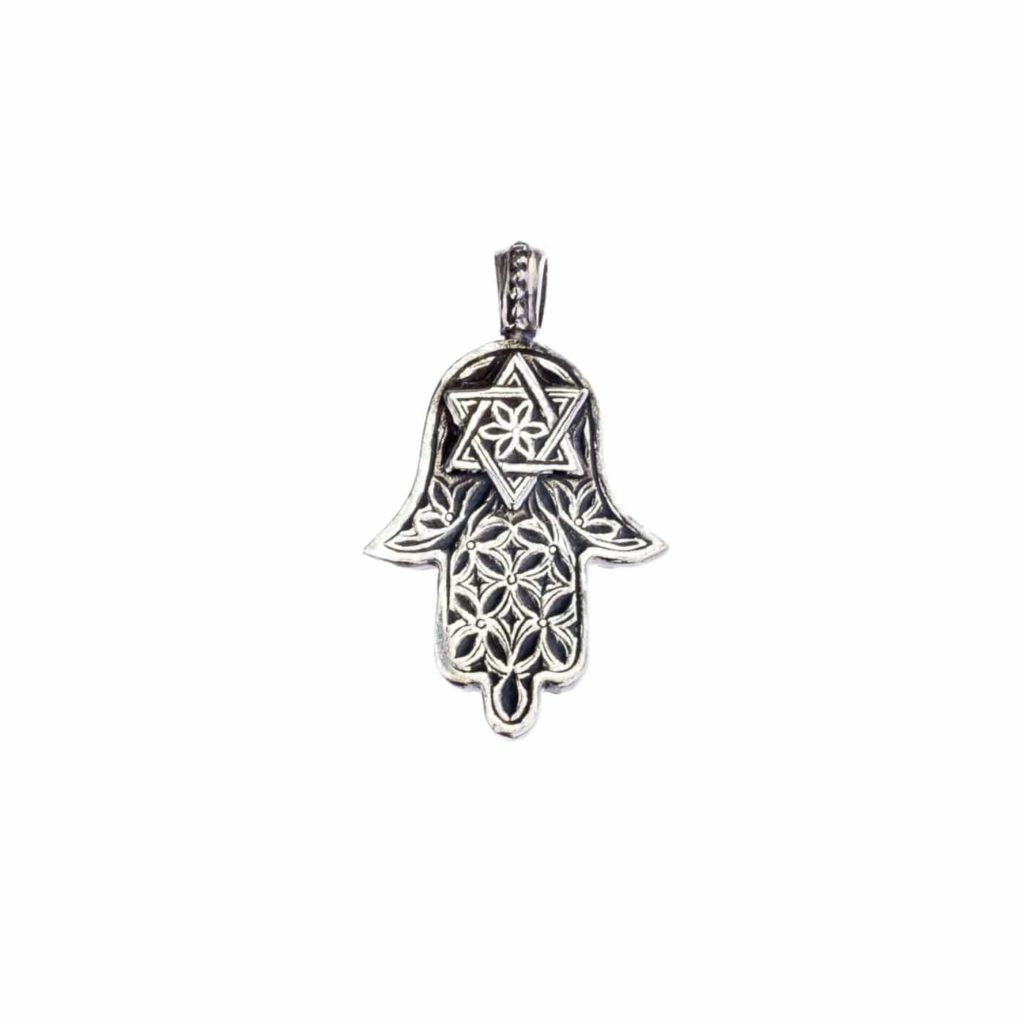 Hamsa Fatima Hand Amulet Pendant in Sterling Silver 925