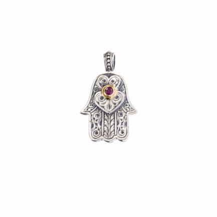 Hamsa Fatima Hand Amulet Pendant Silver and 18k Gold