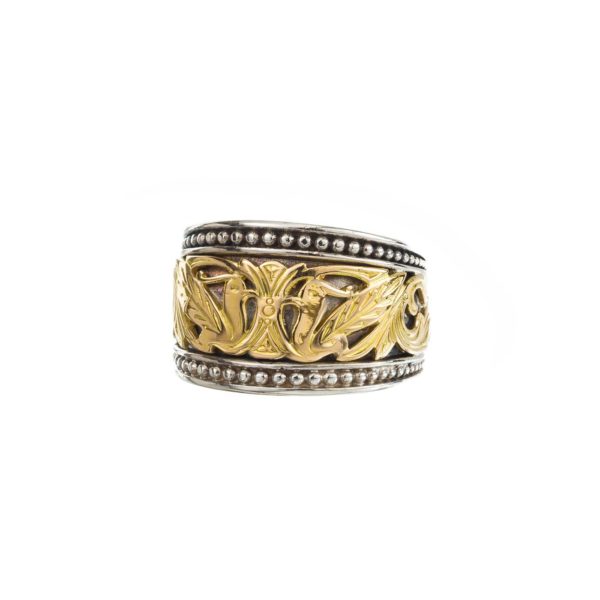 Byzantine Band Ring with Doves k18 Yellow Gold and Sterling Silver 925