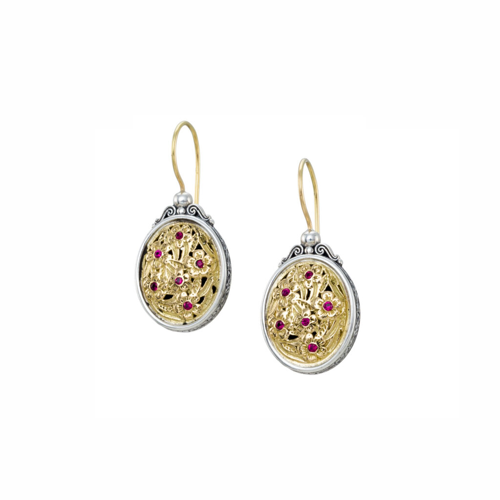 Flower Oval Earrings in k18 Gold and Silver with Rubies