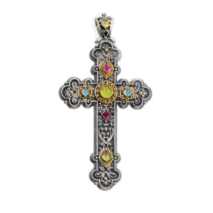Byzantine Cross Pendant 18k Yellow Gold and Sterling Silver 925