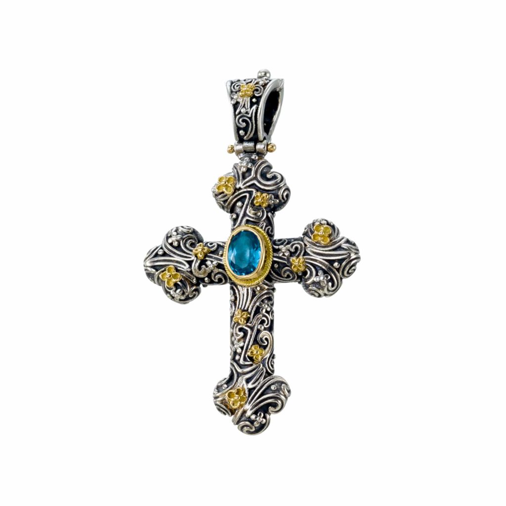 Byzantine Cross Pendant 18k Yellow Gold and Sterling Silver 925