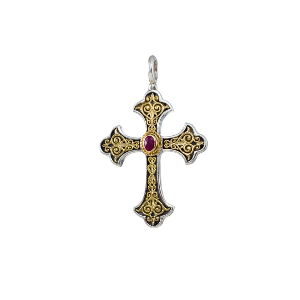 Byzantine Cross Pendant 18k Yellow Gold and Sterling Silver 925