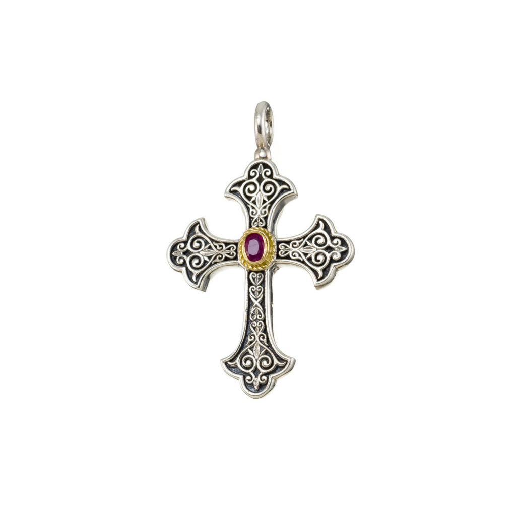 Byzantine Cross Pendant 18k Yellow Gold and Sterling Silver 925