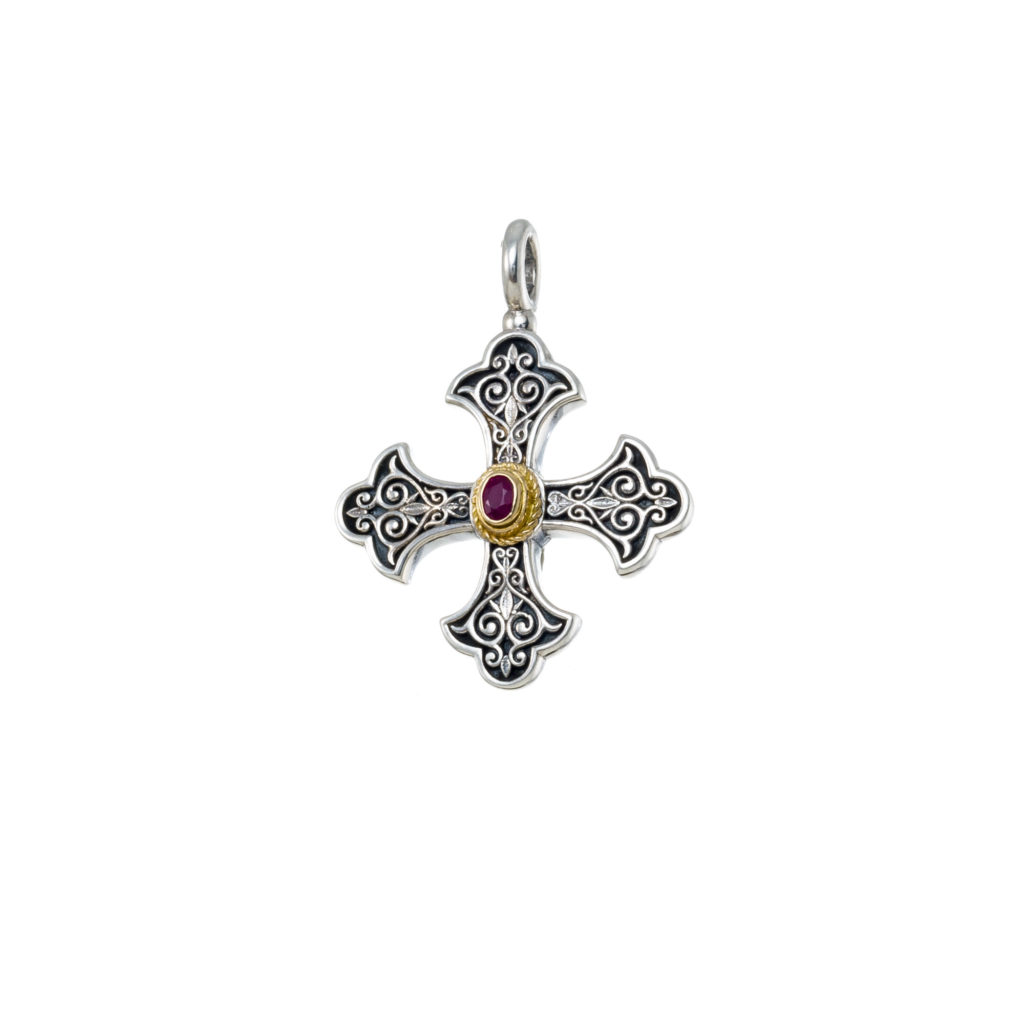 Byzantine Cross Pendant 18k Yellow Gold and Sterling Silver 925