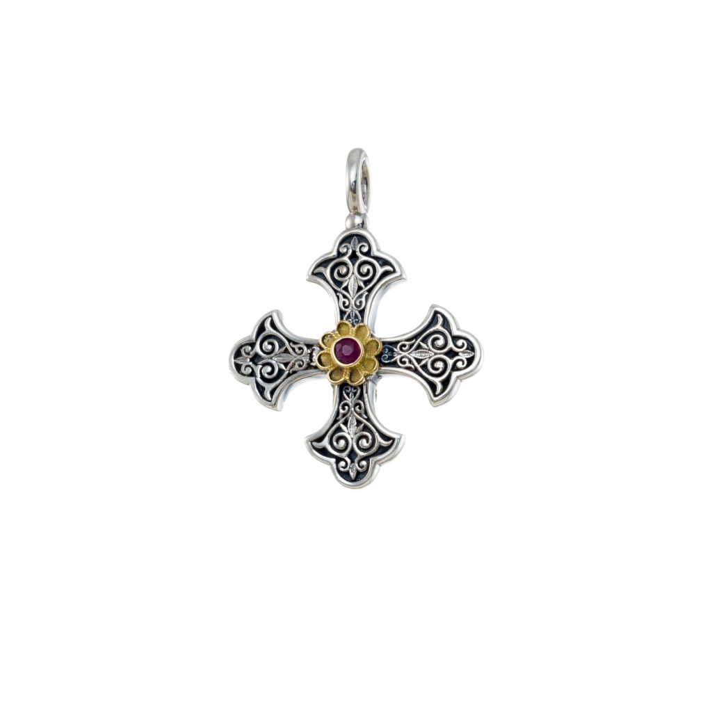 Byzantine Cross Pendant 18k Yellow Gold and Sterling Silver 925