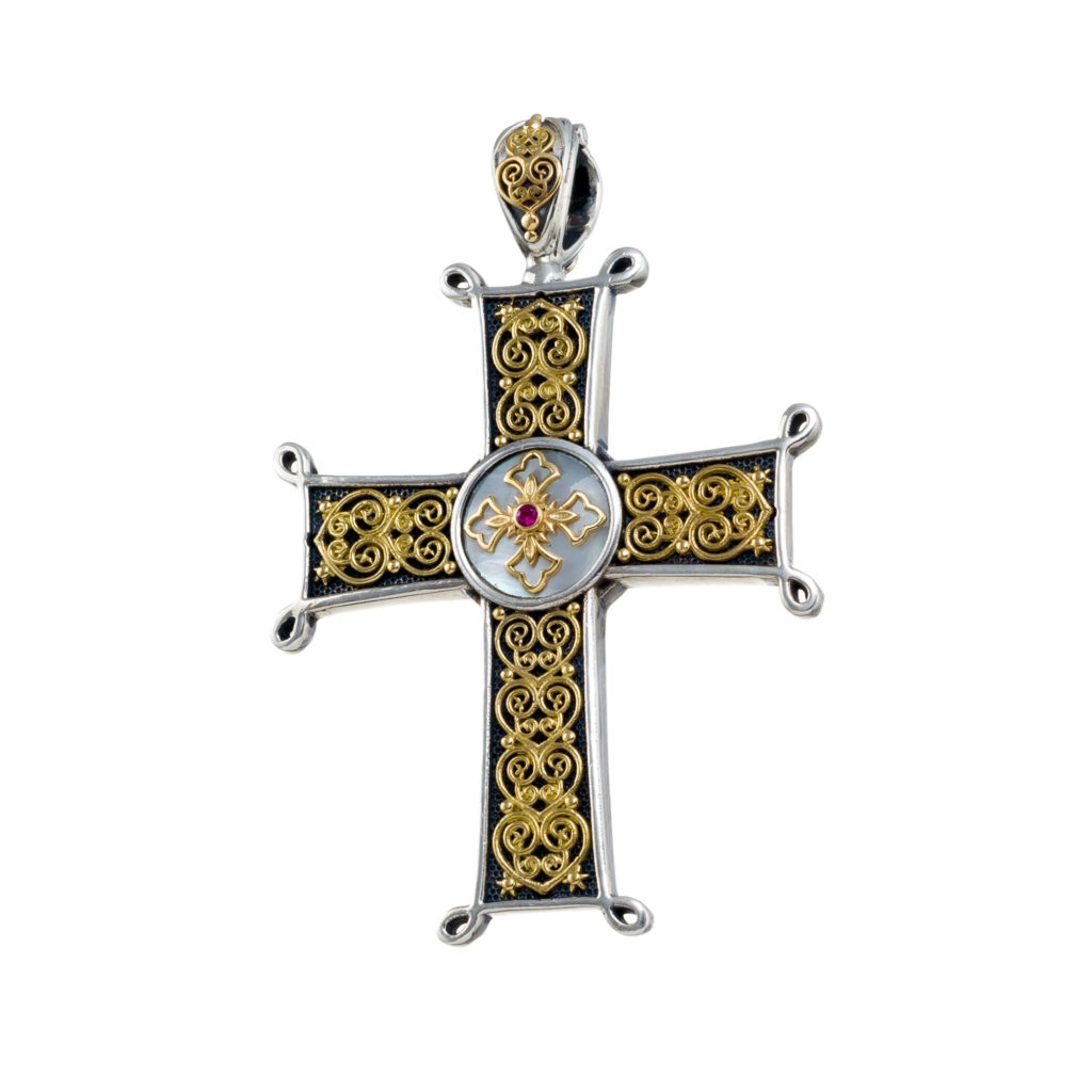 Chi-Rho Filigree Faith Large Cross Pendant 18k Yellow Gold and Sterling Silver 925