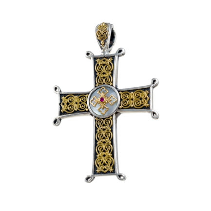 Chi-Rho Filigree Faith Large Cross Pendant 18k Yellow Gold and Sterling Silver 925