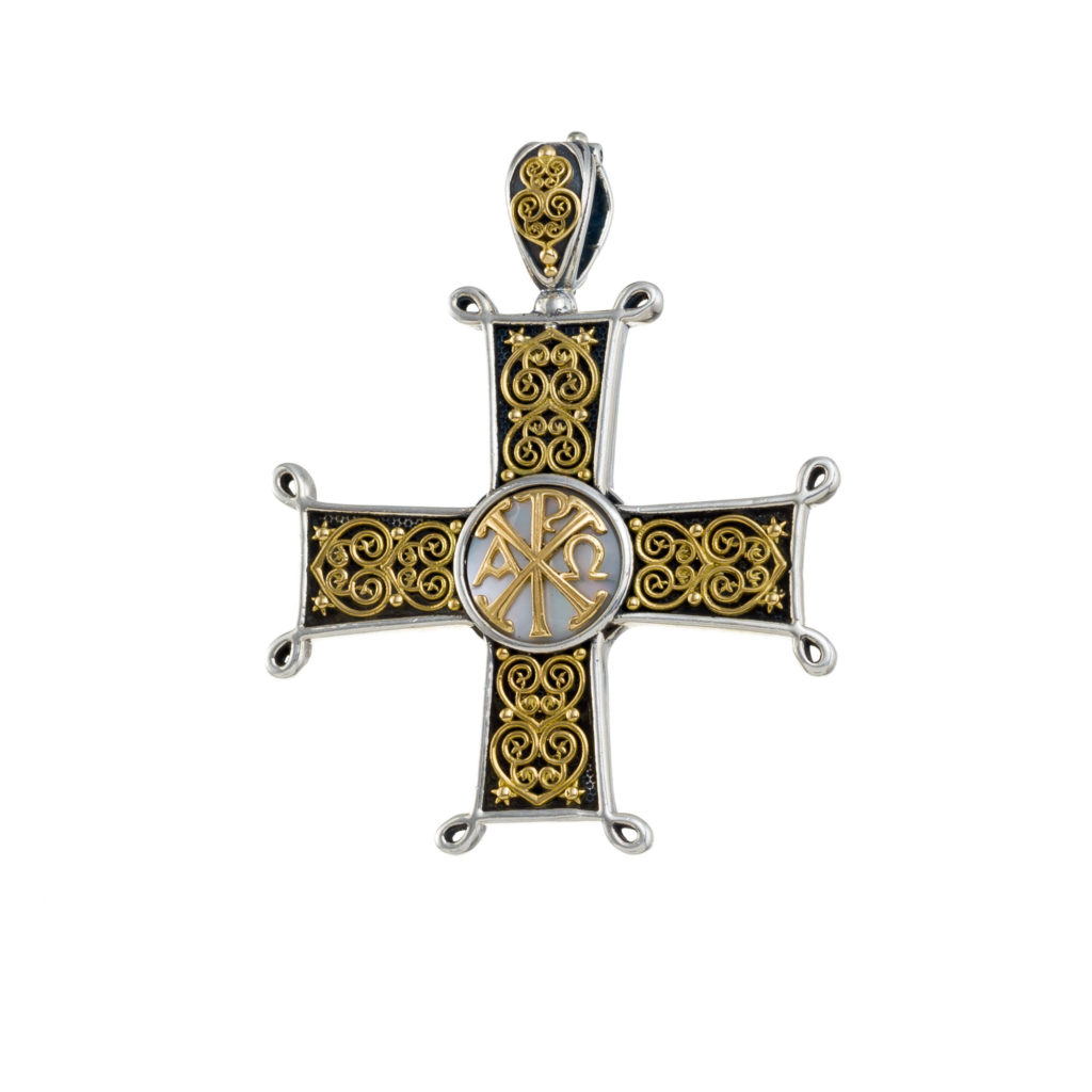 Chi-Rho Filigree Faith Large Cross Pendant 18k Yellow Gold and Sterling Silver 925