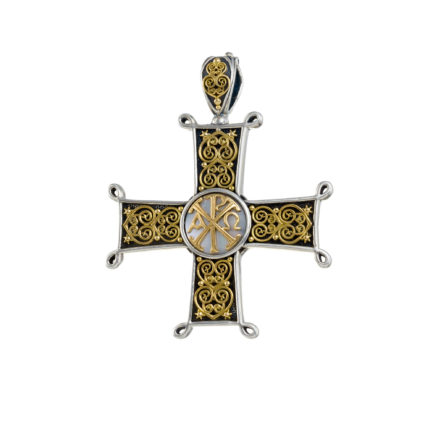 Chi-Rho Filigree Faith Large Cross Pendant 18k Yellow Gold and Sterling Silver 925