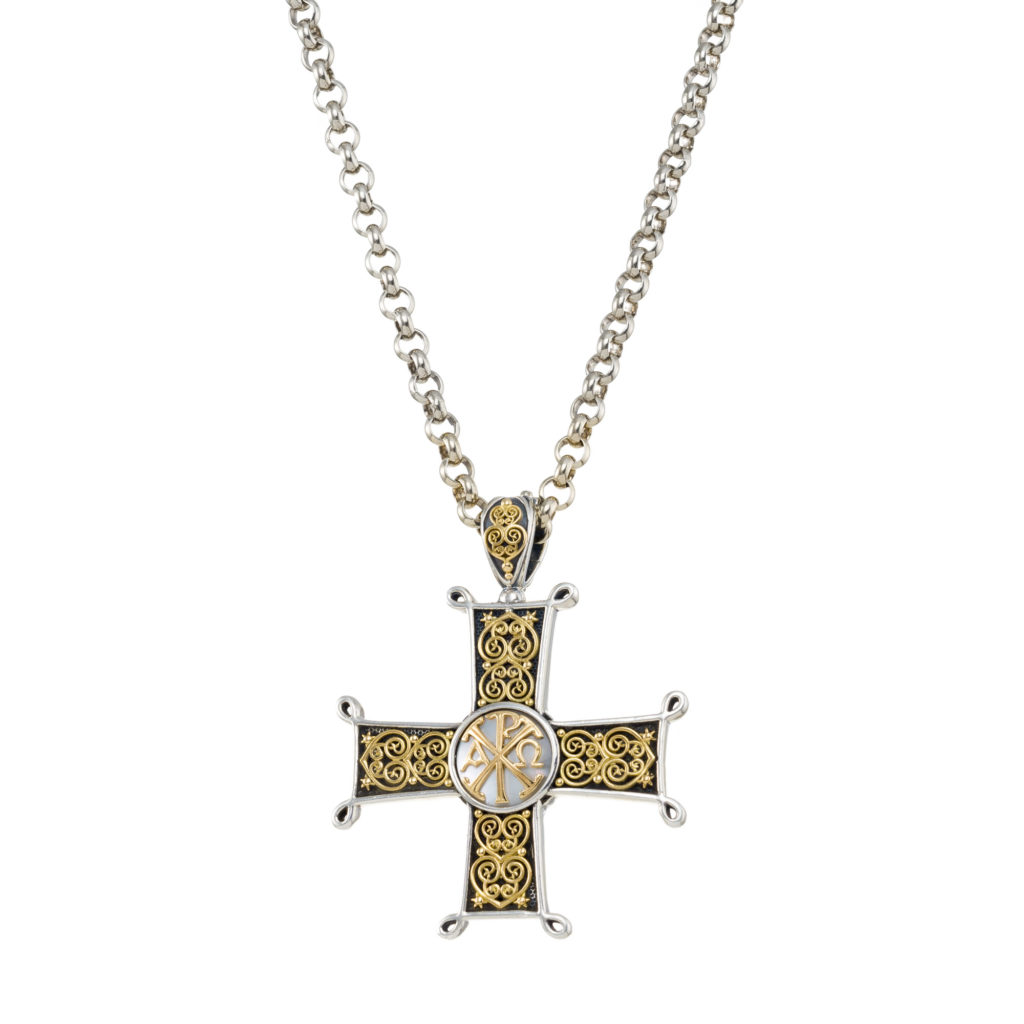 Chi-Rho Filigree Faith Large Cross Pendant 18k Yellow Gold and Sterling Silver 925