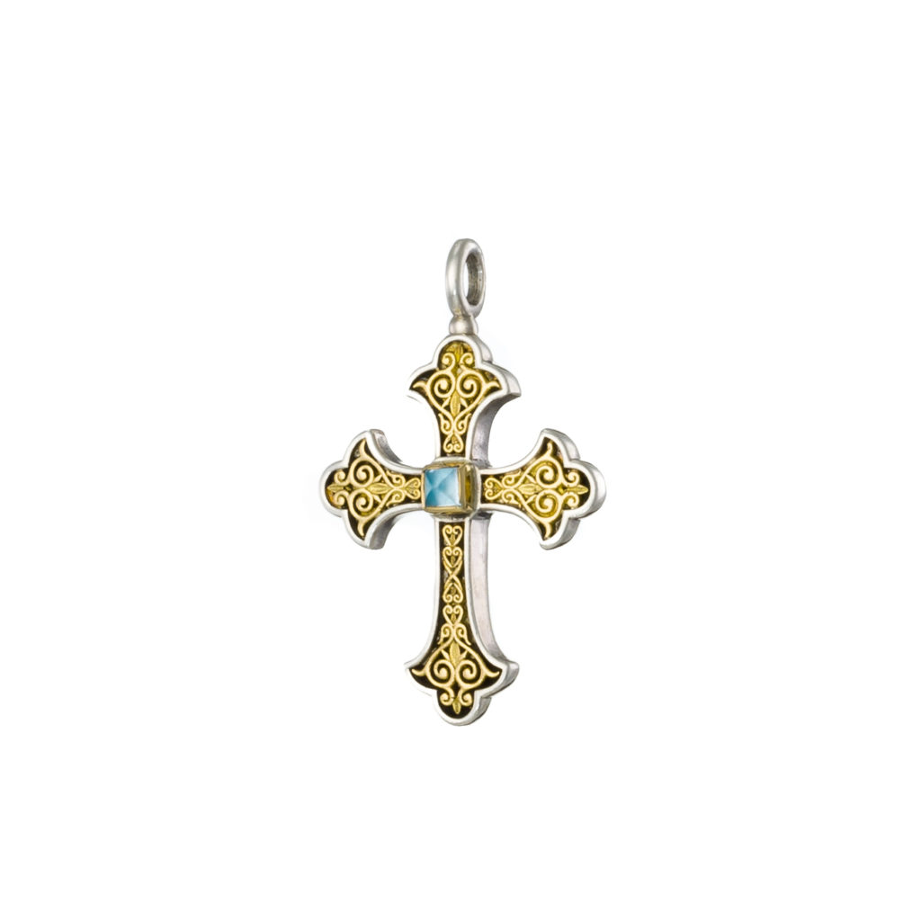 Byzantine Cross Pendant 18k Yellow Gold and Sterling Silver 925