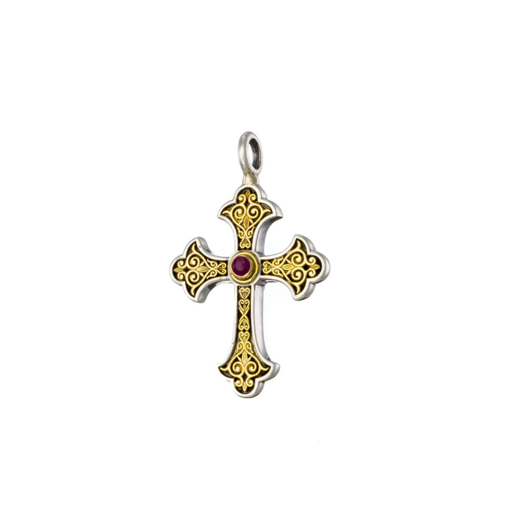 Byzantine Cross Pendant 18k Yellow Gold and Sterling Silver 925