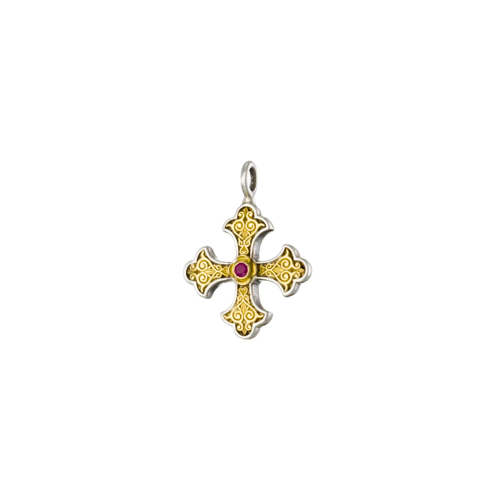 Byzantine Cross Pendant 18k Yellow Gold and Sterling Silver 925