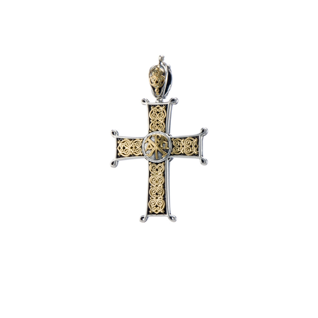 Chi-Rho Filigree Faith Large Cross Pendant 18k Yellow Gold and Sterling Silver 925