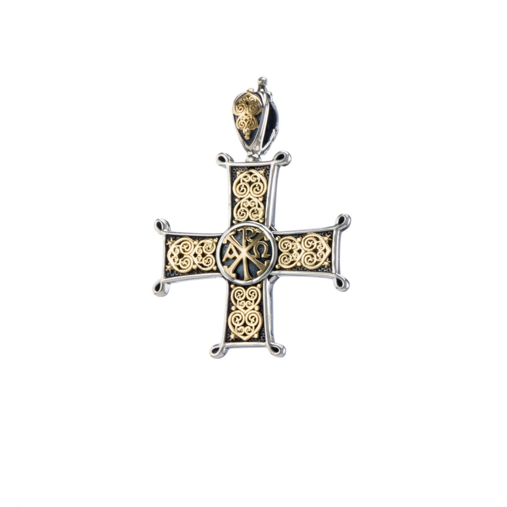 Chi-Rho Filigree Faith Large Cross Pendant 18k Yellow Gold and Sterling Silver 925
