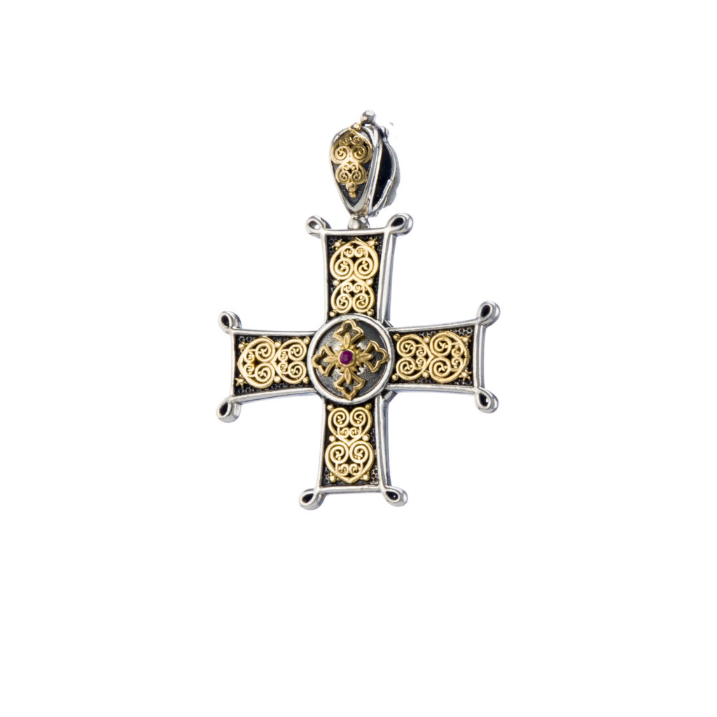 Chi-Rho Filigree Faith Large Cross Pendant 18k Yellow Gold and Sterling Silver 925