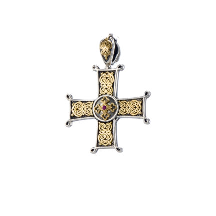 Chi-Rho Filigree Faith Large Cross Pendant 18k Yellow Gold and Sterling Silver 925