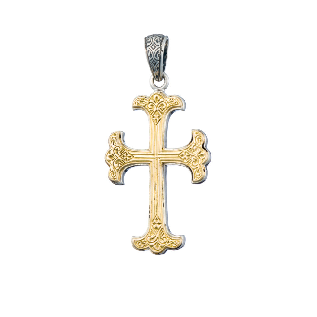 Men’s Byzantine Cross Pendant 18k Yellow Gold and Sterling Silver 925