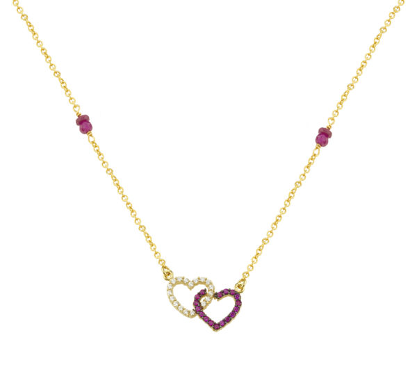 Double Heart Charm Necklace Yellow Gold k14 with Cubic Zirconia for Women for Teen