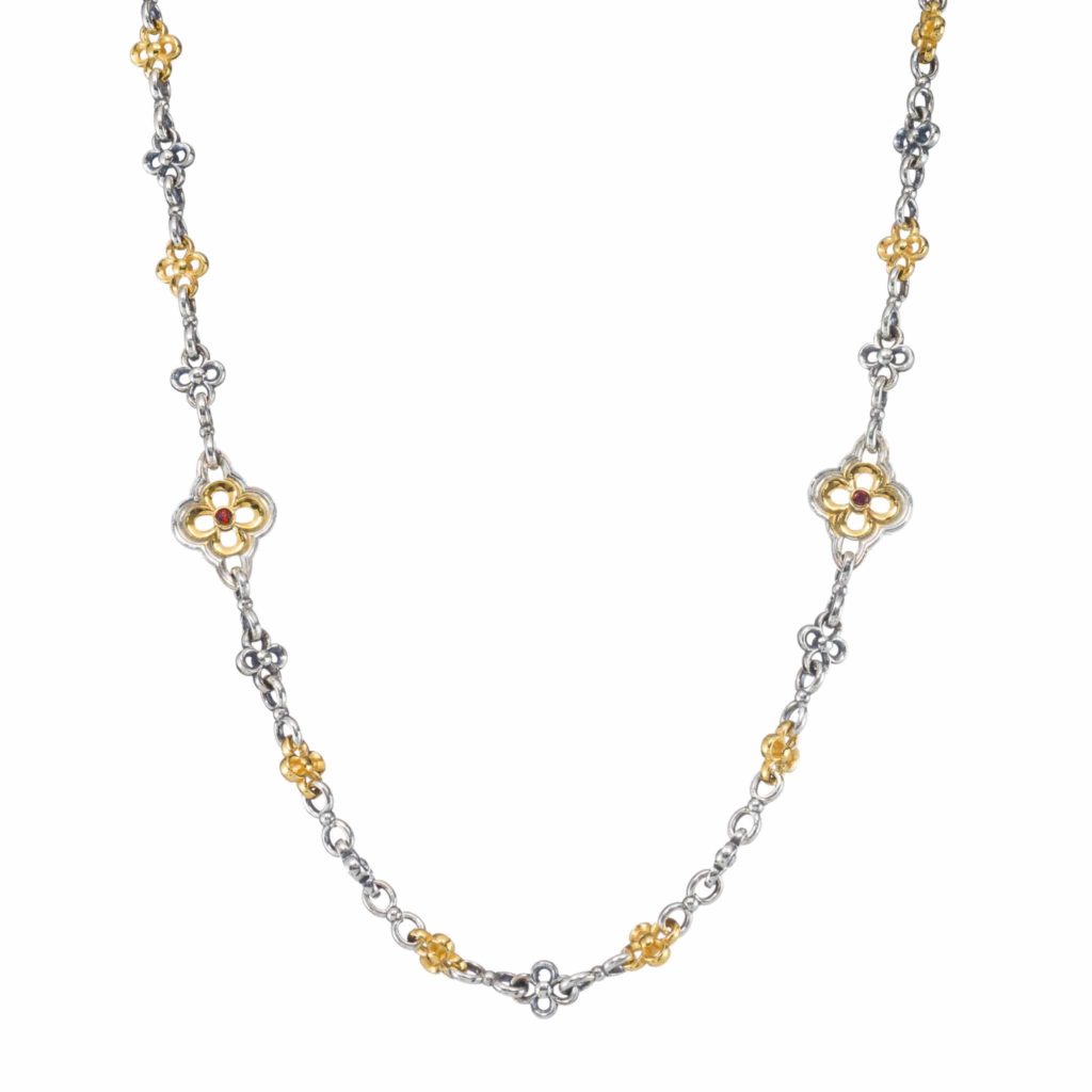 Four-leaf Clover Flower Station Necklace in Silver with Gold Plated Parts