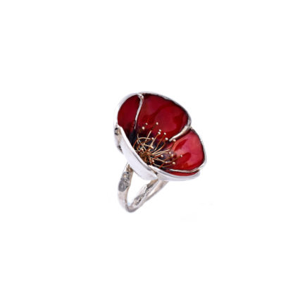 Red Poppy Flower Ring made of Sterling Silver