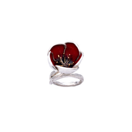 Red Poppy Flower Adjustable Ring Made Out of Silver and Enamel