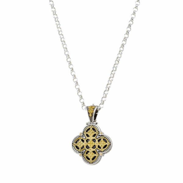 Men’s Filigree Cross Pendant Byzantine 18k Yellow Gold and Sterling Silver 925
