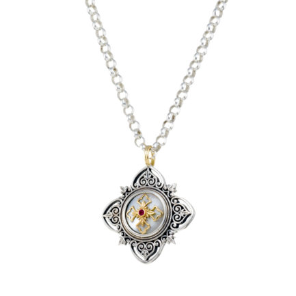 Filigree Cross Pendant Byzantine Ruby 18k Yellow Gold and Sterling Silver 925