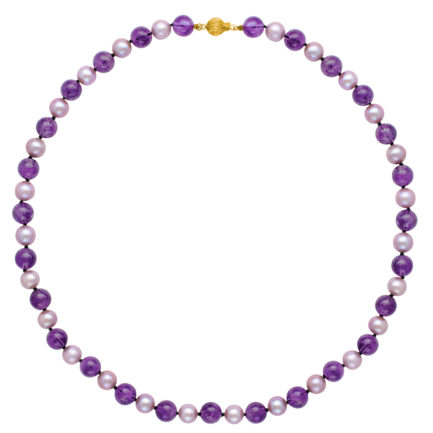 7.5-8 Round Pearls & Amethyst Bead Station Necklace in k14 Gold