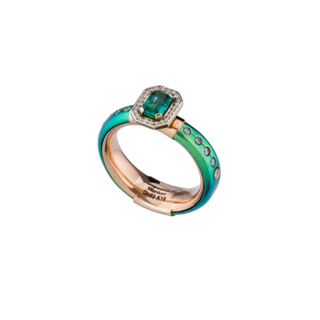Parthenon Jewelry Green Titanium and k18 Pink Gold Ring with Emerald and Diamonds Code R152926-GIA
