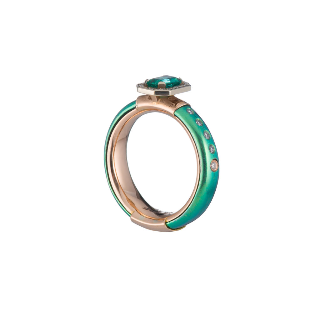 Parthenon Jewelry Green Titanium and k18 Pink Gold Ring with Emerald and Diamonds Code R152926-GIA