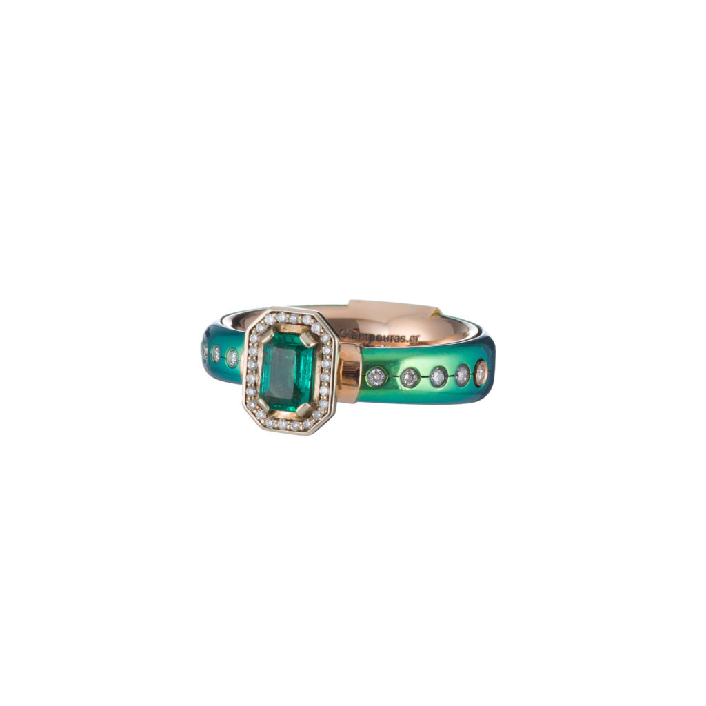 Parthenon Jewelry Green Titanium and k18 Pink Gold Ring with Emerald and Diamonds Code R152926-GIA