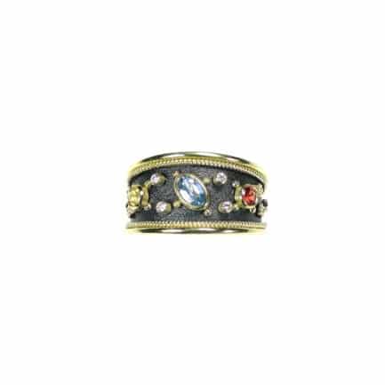 Multi Stone Byzantine Band Ring 18k Yellow Gold