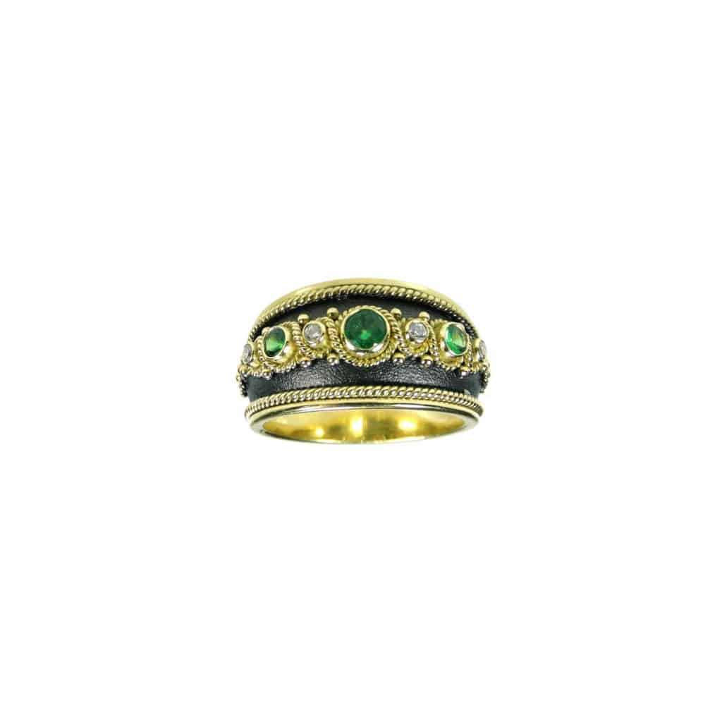 Triple Stone Tsavorite & Diamonds Byzantine Band Ring 18k Yellow Gold