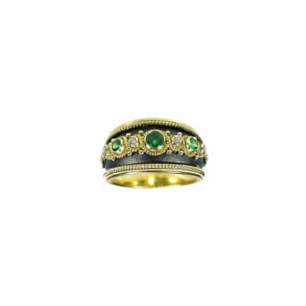 Triple Stone Tsavorite & Diamonds Byzantine Band Ring 18k Yellow Gold