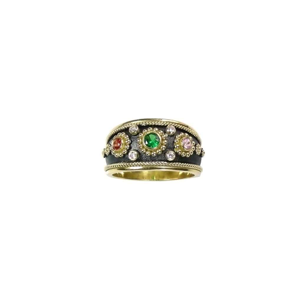 Triple Stone Center Sapphires Byzantine Ring 18k Yellow Gold