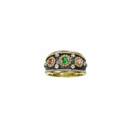 Triple Stone Center Sapphires Byzantine Ring 18k Yellow Gold