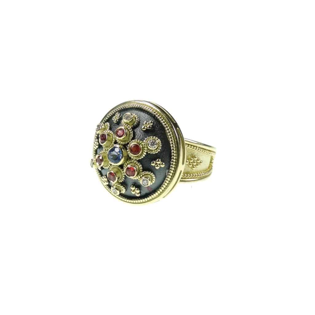 Multicolor Sapphire Byzantine Ring 18k Yellow Gold