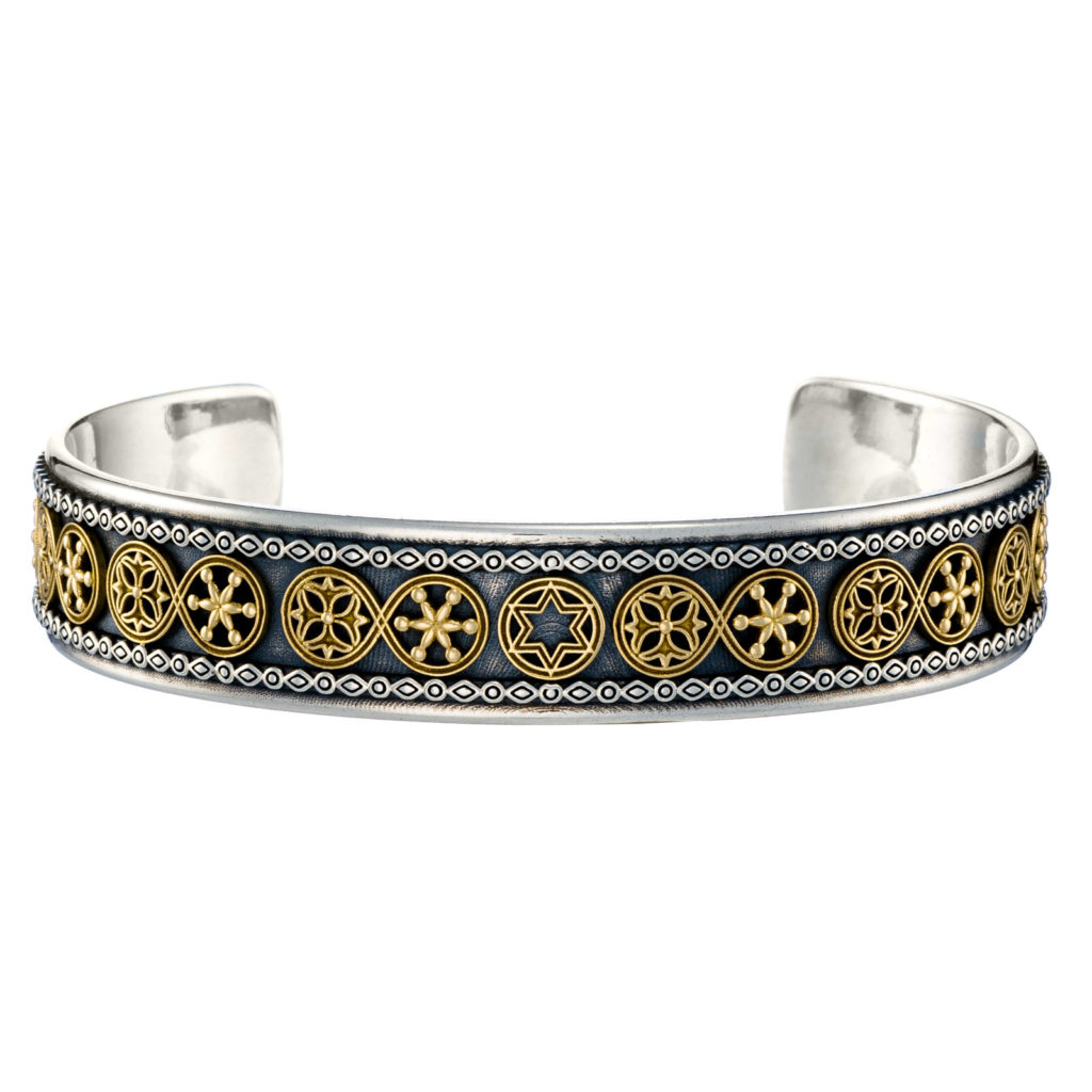 Multi Faith Open Cuff Bracelet Jewish artifacts 18k Yellow Gold and Silver 925