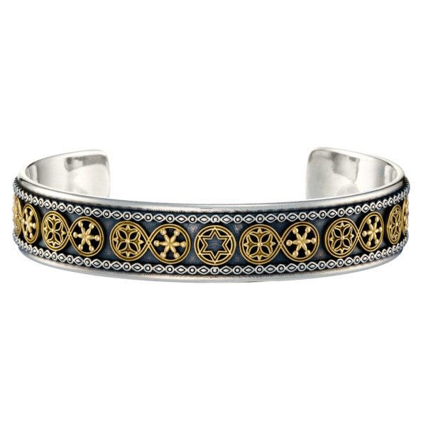 Multi Faith Open Cuff Bracelet Jewish artifacts 18k Yellow Gold and Silver 925