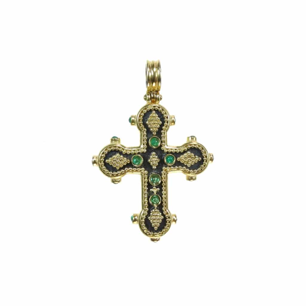 22k Gold Byzantine Pendant Cross Hammered Black Rhodium
