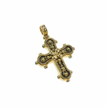 22k Gold Byzantine Pendant Cross Hammered Black Rhodium