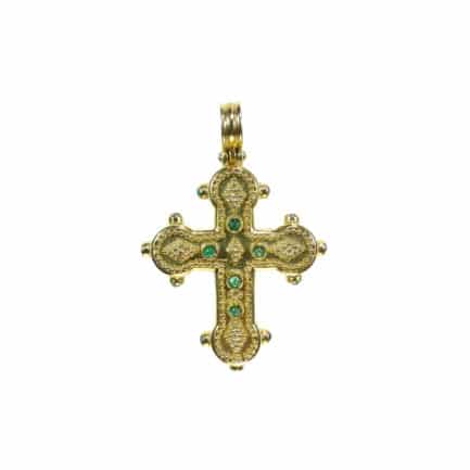22k Gold Byzantine Handmade Pendant Cross Emeralds