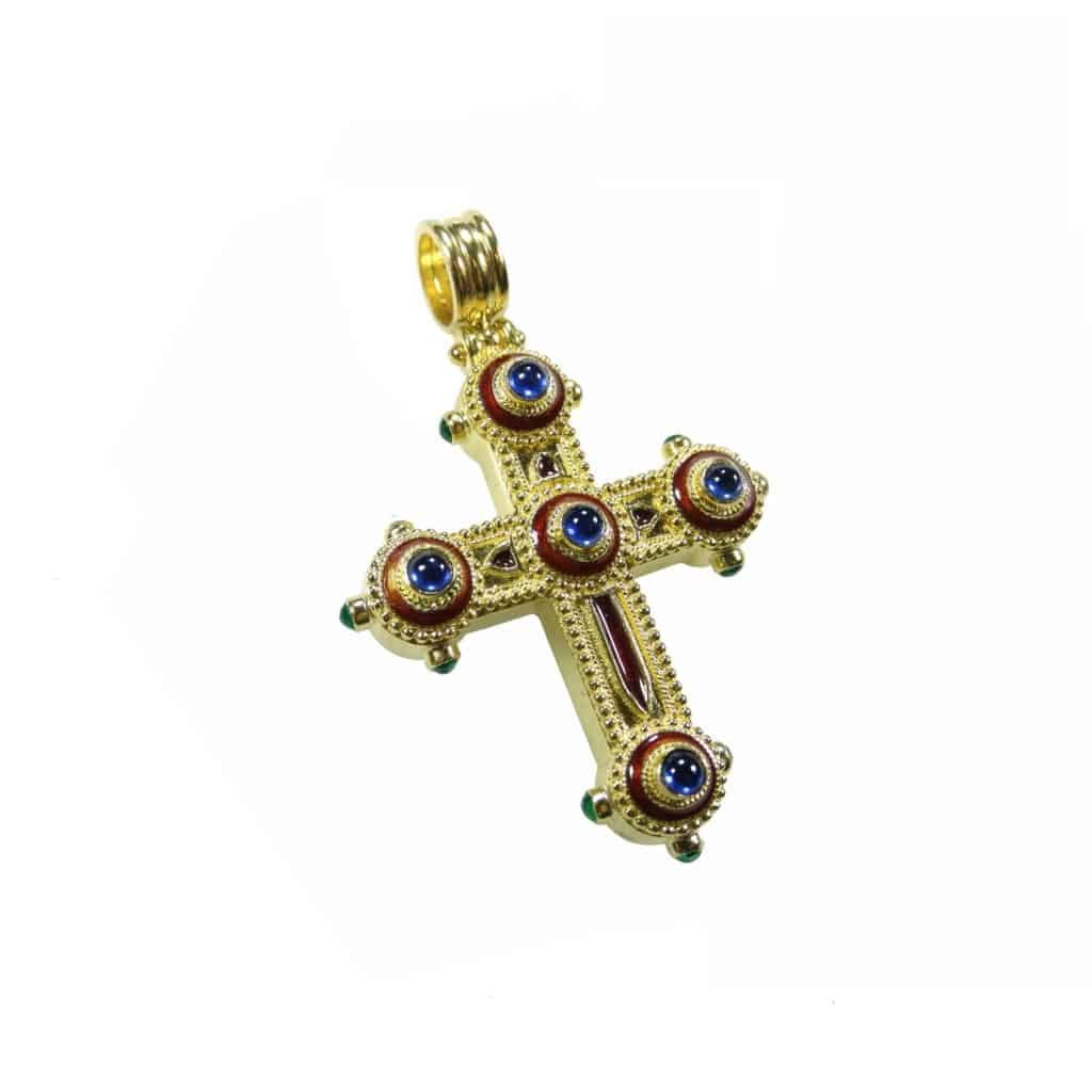 22k Yellow Gold Large Western Enamel Pendant Cross Sapphire and Emeralds
