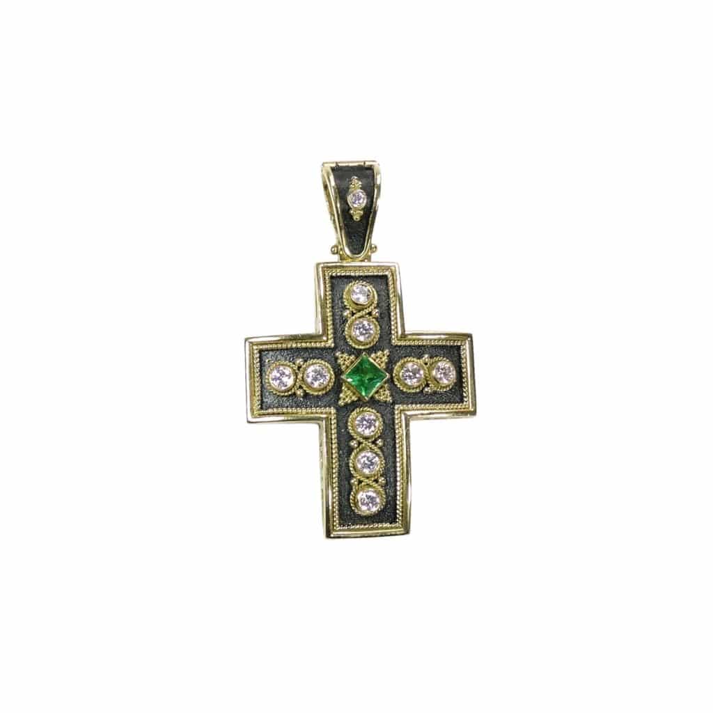 Diamonds Cross Byzantine Pendant 18k Yellow Gold and Black Rhodium