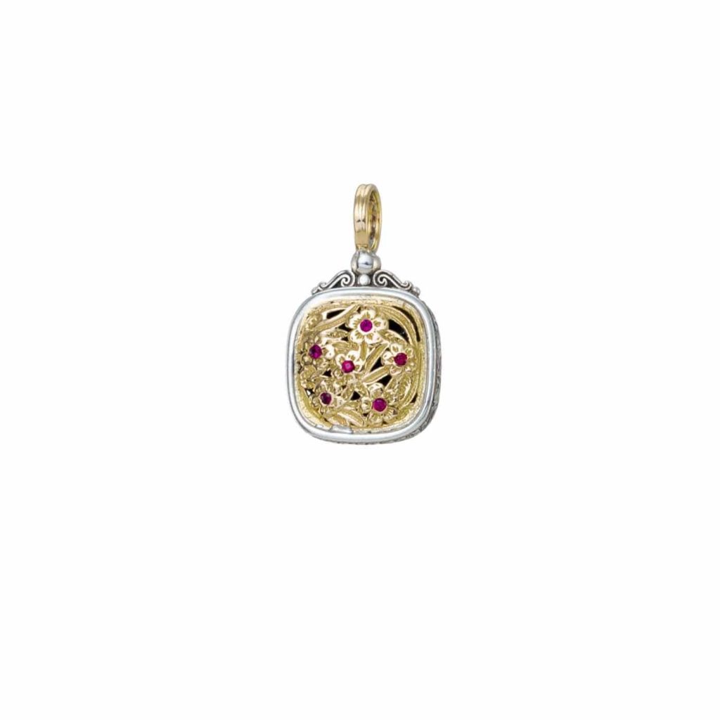 Square Byzantine Flower Pendant for Women’s Yellow Gold k18 and Silver 925