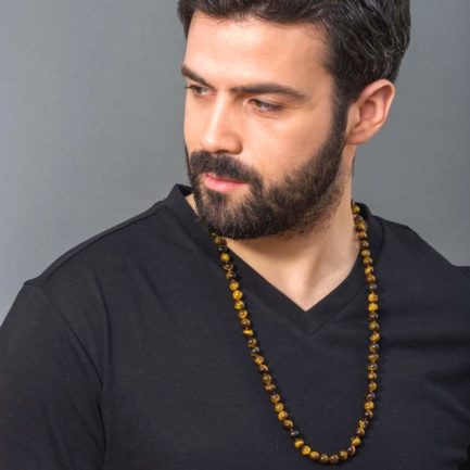 Tiger Eye 8mm Men's Beaded Necklace in Sterling Silver 925